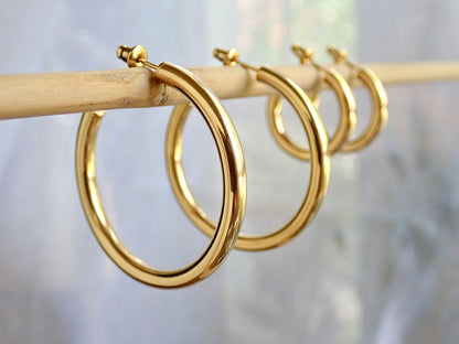 Gold Hoop Earrings Medium Large, WATERPROOF Hoops Earrings, Tube Hoop Earrings, Gold Hoop Earrings Thick, Anti Tarnish PVD, Gift for Her