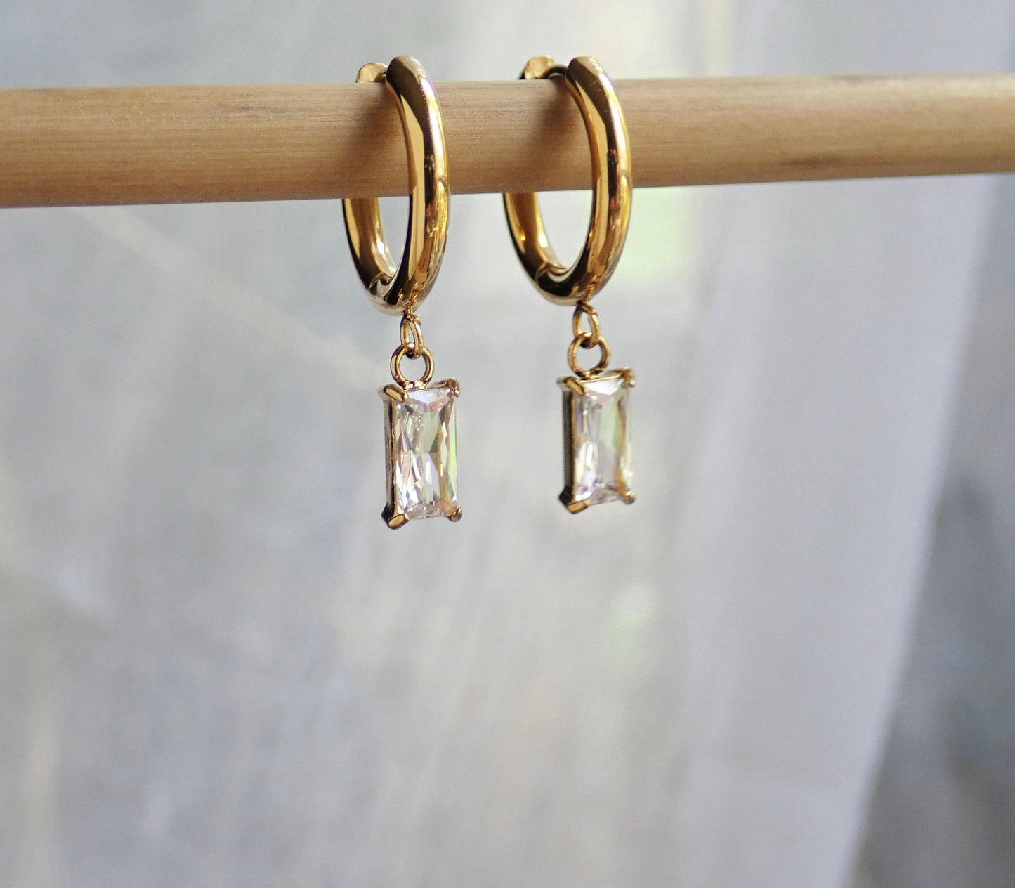 Small Gold Hoop Earrings with Crystal Charm, Gemstone Huggie Hoops, WATERPROOF No Tarnish Earrings, Gift for Her