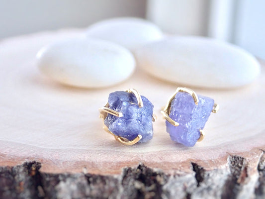 Raw Tanzanite Stud Earrings – Gold Plated Prong Setting | December Birthstone Gemstone Jewelry