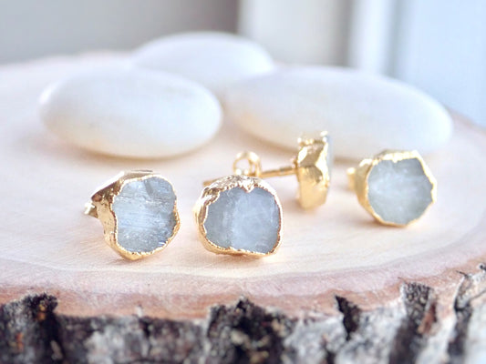 Natural Raw Gemstone Earrings – Moonstone 14k Gold Electroplated Studs