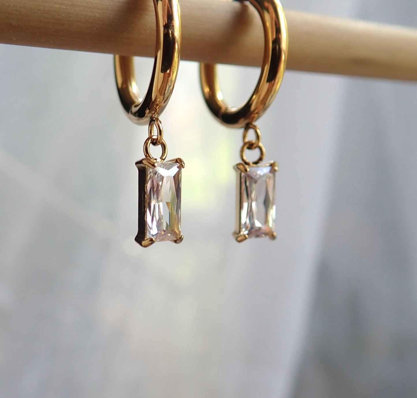 Small Gold Hoop Earrings with Crystal Charm, Gemstone Huggie Hoops, WATERPROOF No Tarnish Earrings, Gift for Her