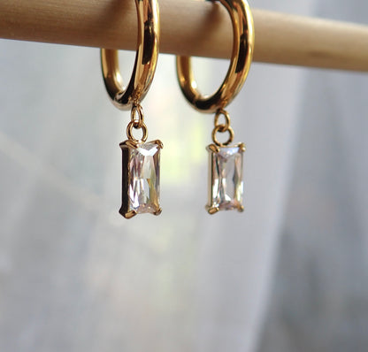 Small Gold Hoop Earrings with Crystal Charm, Gemstone Huggie Hoops, WATERPROOF No Tarnish Earrings, Gift for Her