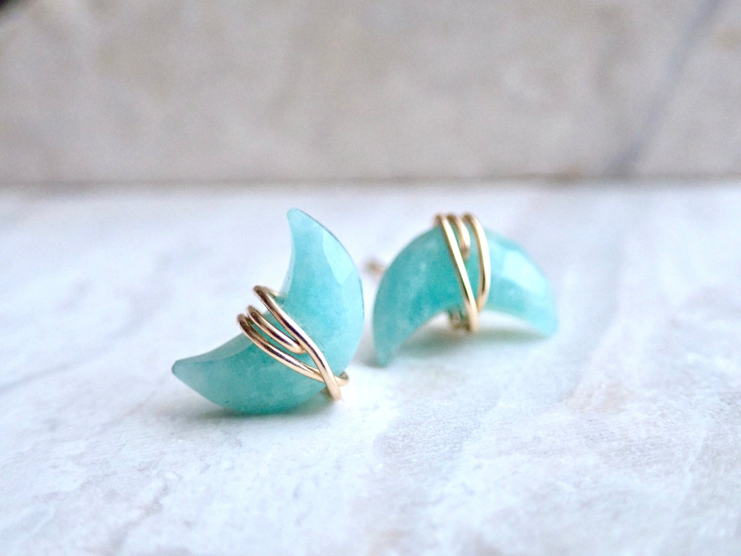 Amazonite Stud Earrings |  Crescent Moon Earrings, Wire Wrapped Stone Gemstone Post