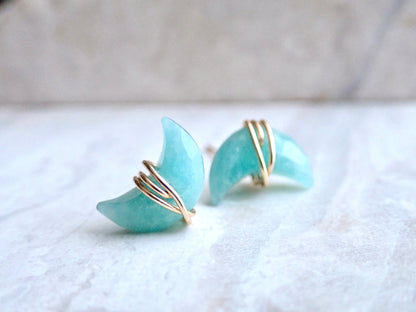 Amazonite Stud Earrings |  Crescent Moon Earrings, Wire Wrapped Stone Gemstone Post