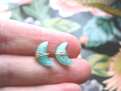 Amazonite Stud Earrings |  Crescent Moon Earrings, Wire Wrapped Stone Gemstone Post