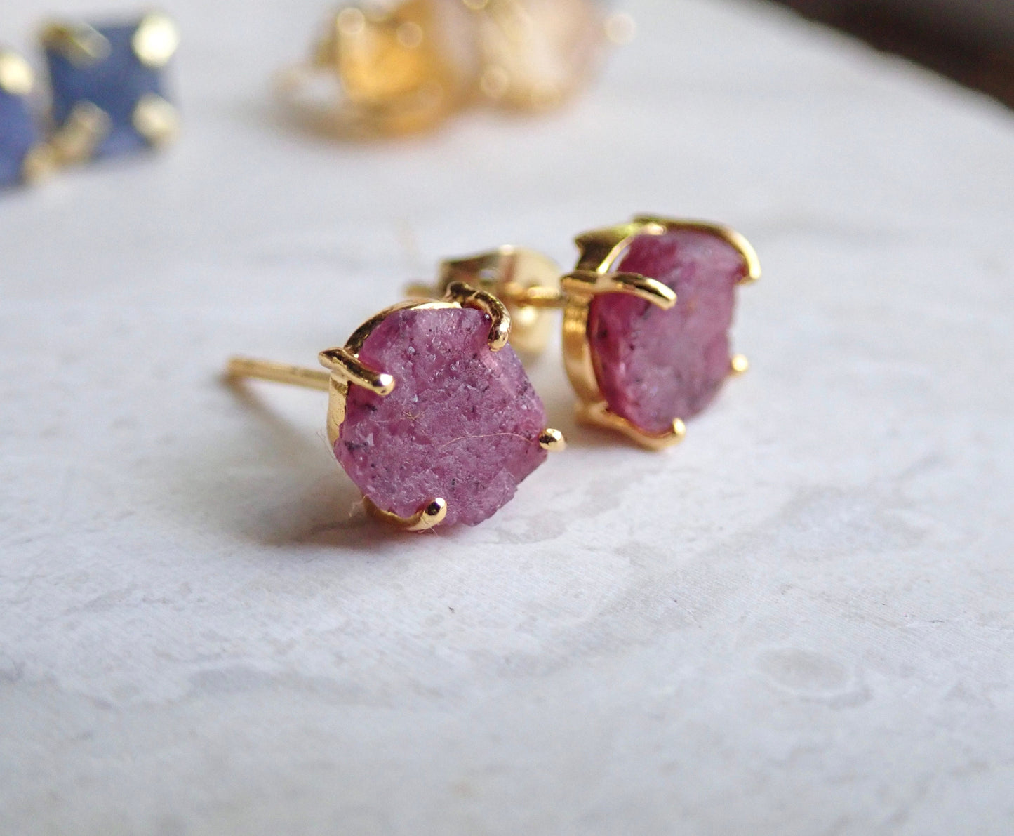 Raw Ruby Stud Earrings | July Birthstone Gift | Natural Pink Gemstone Post Earrings