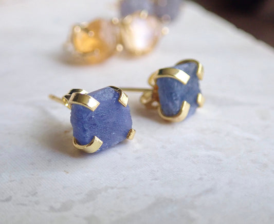 Raw Sapphire Prong Set Earrings – 14k Gold Plated, Natural Gemstone Studs