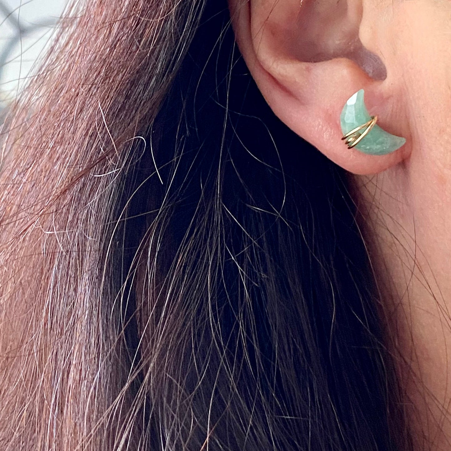 Amazonite Stud Earrings |  Crescent Moon Earrings, Wire Wrapped Stone Gemstone Post