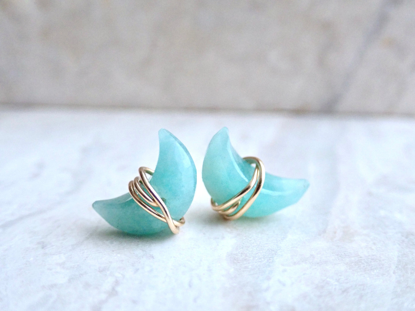 Amazonite Stud Earrings |  Crescent Moon Earrings, Wire Wrapped Stone Gemstone Post
