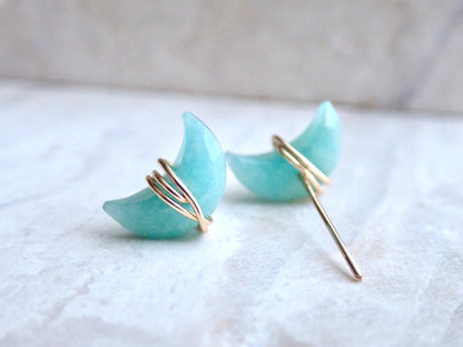 Amazonite Stud Earrings |  Crescent Moon Earrings, Wire Wrapped Stone Gemstone Post
