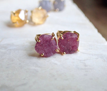 Raw Ruby Stud Earrings | July Birthstone Gift | Natural Pink Gemstone Post Earrings