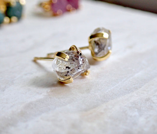 Raw Herkimer Diamond Stud Earrings – 14k Gold Plated Prong Set | Natural Crystal Earrings for Women