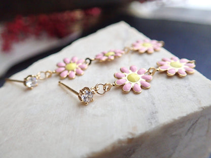 Colorful Daisy Dangle Earrings – Long Enamel Flower Drop Earrings in Pink, Baby Blue, or White – Coquette Floral Jewelry