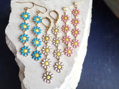 Colorful Daisy Dangle Earrings – Long Enamel Flower Drop Earrings in Pink, Baby Blue, or White – Coquette Floral Jewelry