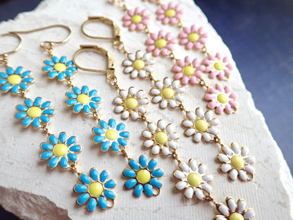 Colorful Daisy Dangle Earrings – Long Enamel Flower Drop Earrings in Pink, Baby Blue, or White – Coquette Floral Jewelry