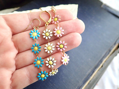 Colorful Daisy Dangle Earrings – Long Enamel Flower Drop Earrings in Pink, Baby Blue, or White – Coquette Floral Jewelry