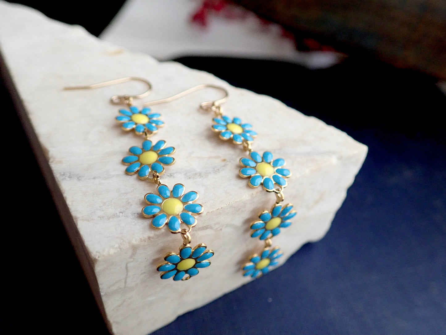 Colorful Daisy Dangle Earrings – Long Enamel Flower Drop Earrings in Pink, Baby Blue, or White – Coquette Floral Jewelry