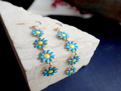 Colorful Daisy Dangle Earrings – Long Enamel Flower Drop Earrings in Pink, Baby Blue, or White – Coquette Floral Jewelry