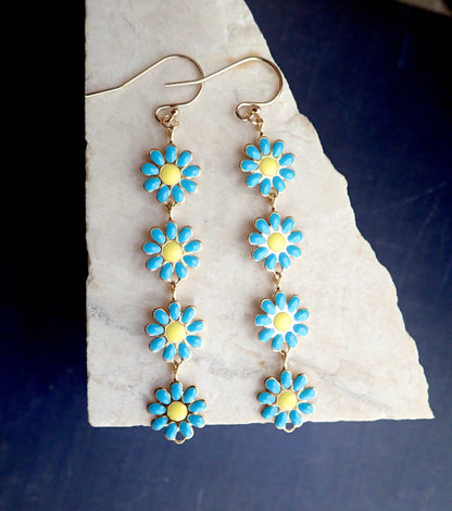 Colorful Daisy Dangle Earrings – Long Enamel Flower Drop Earrings in Pink, Baby Blue, or White – Coquette Floral Jewelry
