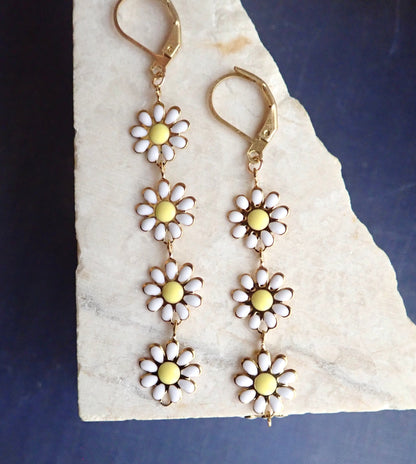 Colorful Daisy Dangle Earrings – Long Enamel Flower Drop Earrings in Pink, Baby Blue, or White – Coquette Floral Jewelry