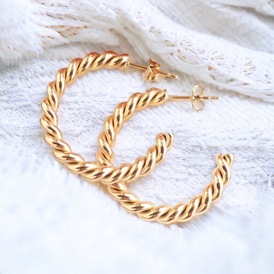 18k Gold Twisted Hoop Earrings – Tarnish Proof & Waterproof Jewelry | Gold Fill over Stainless Steel