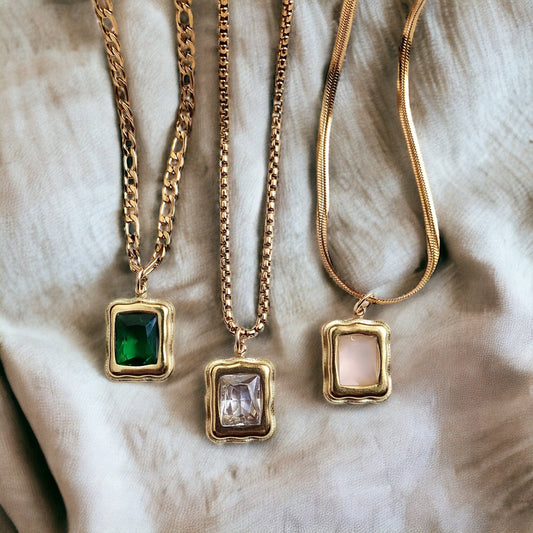 Gemstone Pendant Necklace WATERPROOF Jewelry, Minimalist Gemstone Statement Necklace, Layering Crystal Necklace, Rectangle Stone Pendant