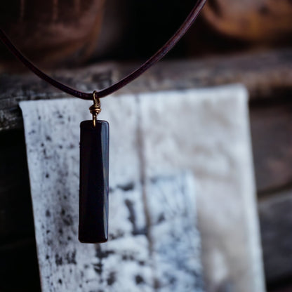 Men's Leather Stone Necklace,Obsidian Necklace Men,Leather Necklace for Men,Black Stone Pendant,Man Necklace Rectangle Stone,Mens Jewelry