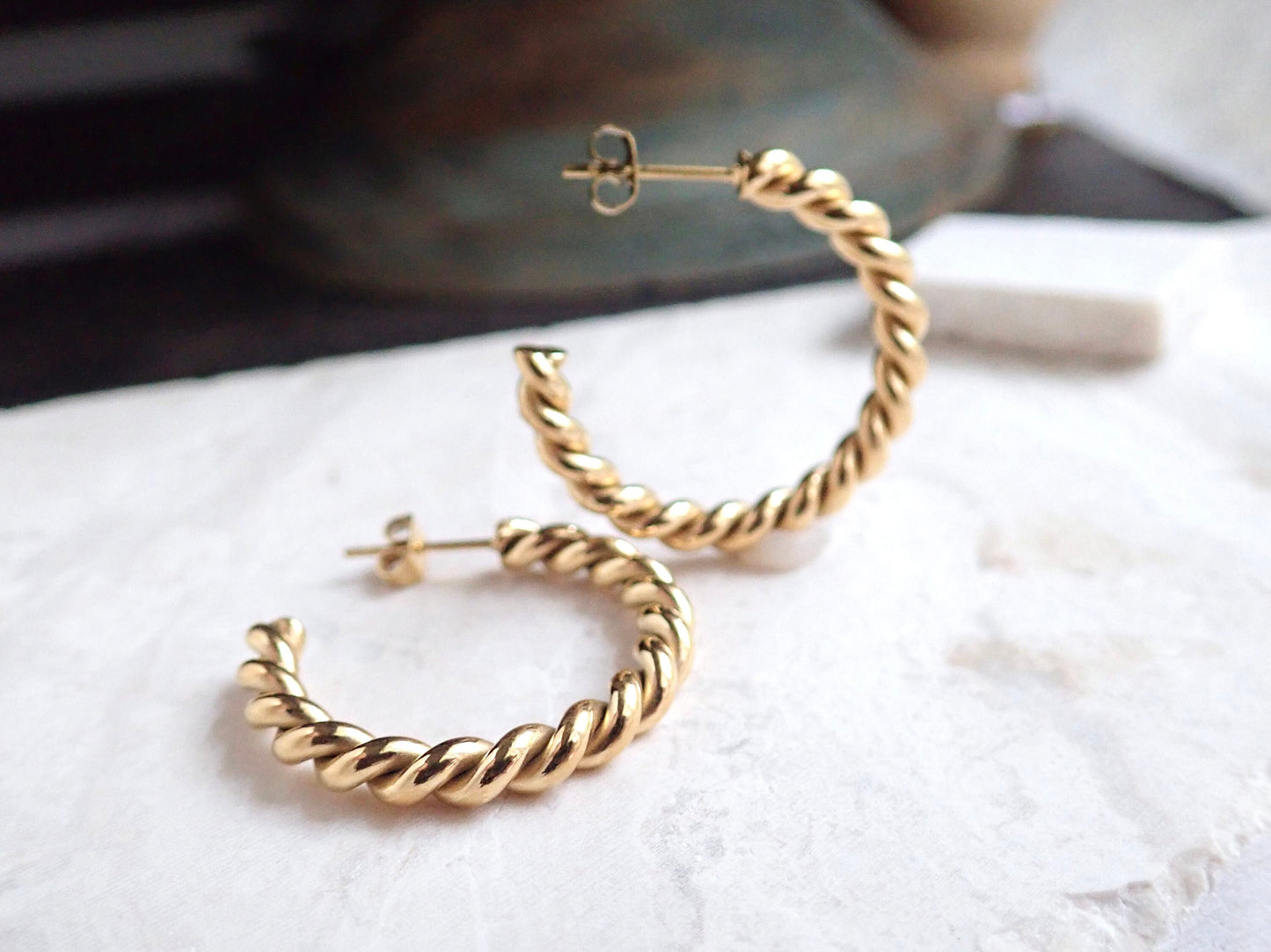 18k Gold Twisted Hoop Earrings – Tarnish Proof & Waterproof Jewelry | Gold Fill over Stainless Steel