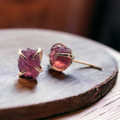 Raw Garnet Stud Earrings Gold Filled,  Garnet Jewelry, Natural Garnet Posts, January Birthstone Gift, Raw Crystal Earrings, Gemstone Prong