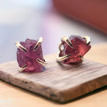 Raw Garnet Stud Earrings Gold Filled,  Garnet Jewelry, Natural Garnet Posts, January Birthstone Gift, Raw Crystal Earrings, Gemstone Prong