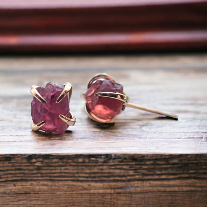 Raw Garnet Stud Earrings Gold Filled,  Garnet Jewelry, Natural Garnet Posts, January Birthstone Gift, Raw Crystal Earrings, Gemstone Prong