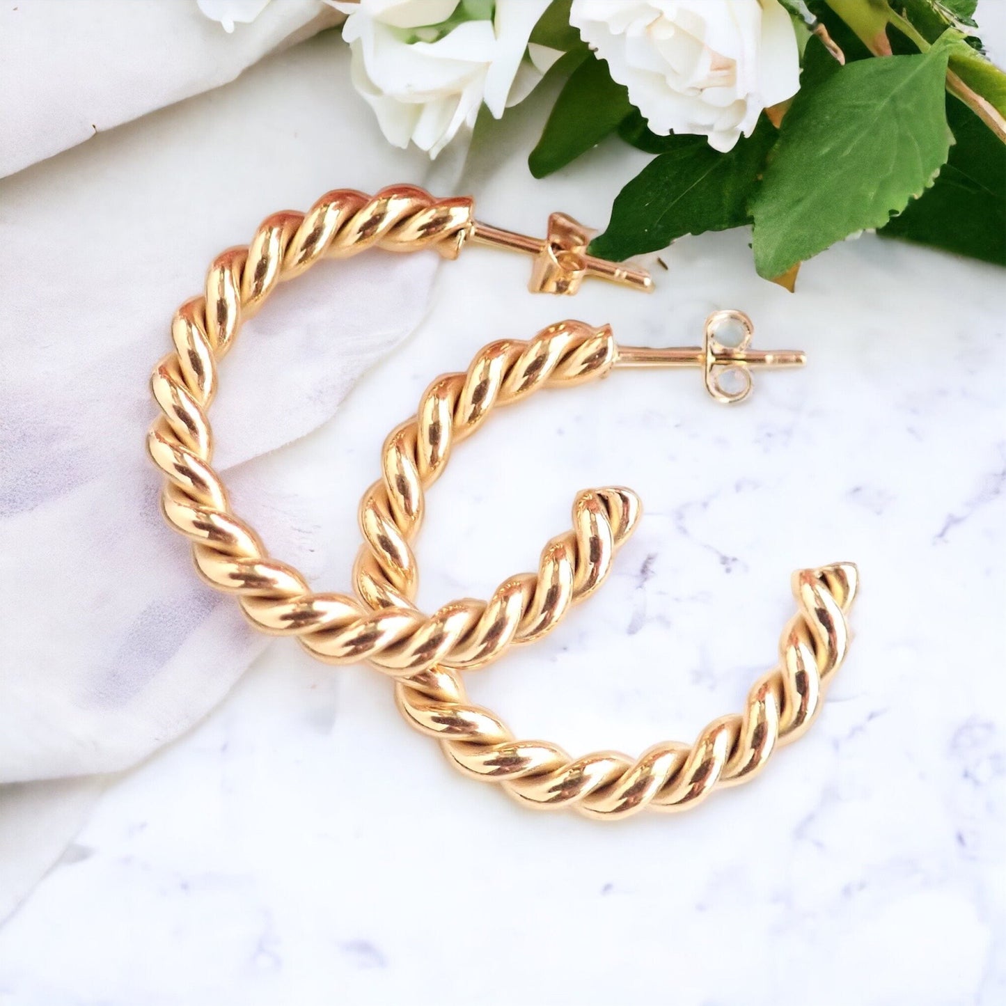 18k Gold Twisted Hoop Earrings – Tarnish Proof & Waterproof Jewelry | Gold Fill over Stainless Steel