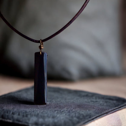 Men's Leather Stone Necklace,Obsidian Necklace Men,Leather Necklace for Men,Black Stone Pendant,Man Necklace Rectangle Stone,Mens Jewelry