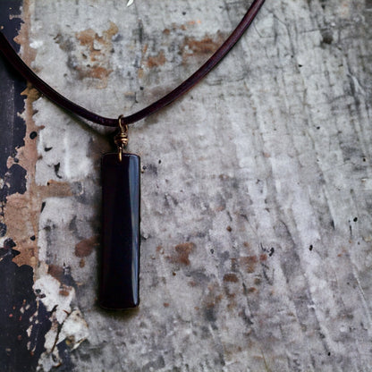 Men's Leather Stone Necklace,Obsidian Necklace Men,Leather Necklace for Men,Black Stone Pendant,Man Necklace Rectangle Stone,Mens Jewelry