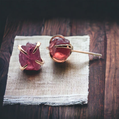 Raw Garnet Stud Earrings Gold Filled,  Garnet Jewelry, Natural Garnet Posts, January Birthstone Gift, Raw Crystal Earrings, Gemstone Prong