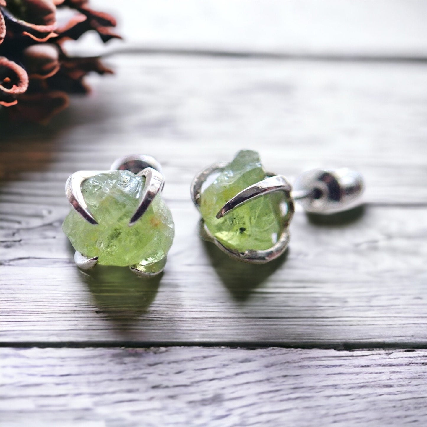 Peridot Stud Earrings Silver, Natural Gemstone Earrings, Green Crystal Birthstone Earrings
