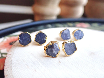 Raw Tanzanite Stud Earrings – Electroplated in 14k Gold Vermeil | Natural December Birthstone Jewelry