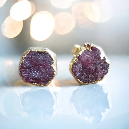 Raw Ruby Stud Earrings – Rough Gemstones in 14k Gold Over Sterling Silver, July Birthstone Jewelry