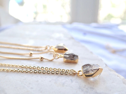 Raw Herkimer Diamond Necklace – 14k Gold Dipped Crystal on Gold Filled Chain