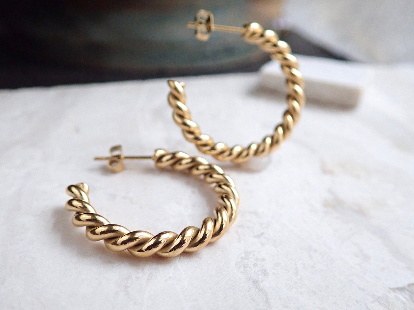 18k Gold Twisted Hoop Earrings – Tarnish Proof & Waterproof Jewelry | Gold Fill over Stainless Steel