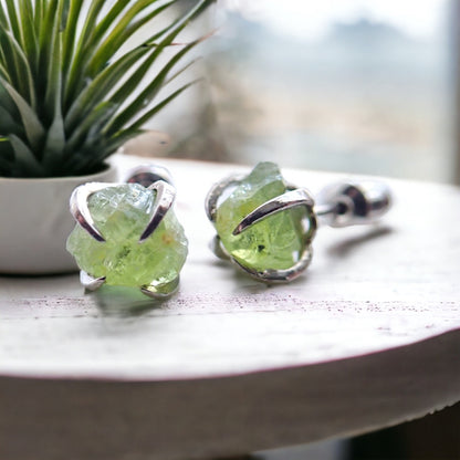Peridot Stud Earrings Silver, Natural Gemstone Earrings, Green Crystal Birthstone Earrings