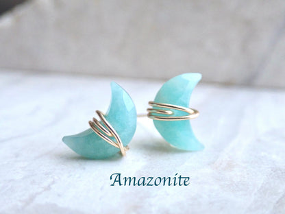 Amazonite Stud Earrings |  Crescent Moon Earrings, Wire Wrapped Stone Gemstone Post