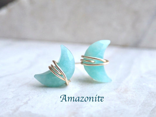 Amazonite Stud Earrings |  Crescent Moon Earrings, Wire Wrapped Stone Gemstone Post