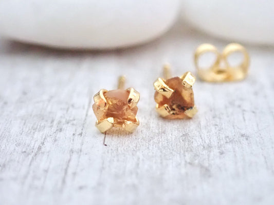 Raw Citrine Stud Earrings – Natural Gemstone Nuggets in 14k Gold Prong Settings