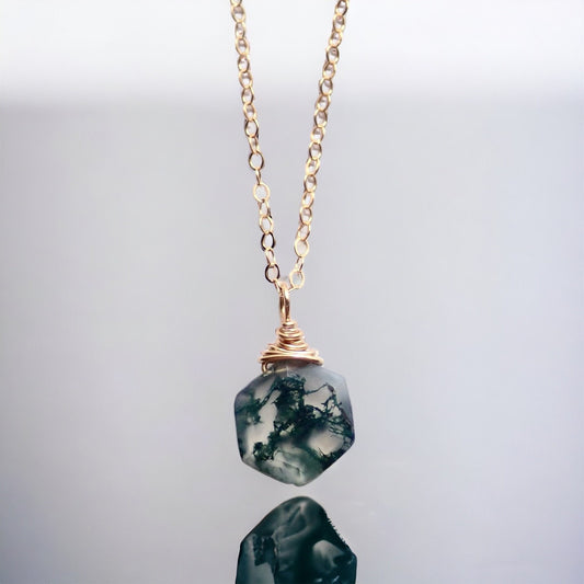 Moss Agate Necklace - Hexagon Cut Gemstone -18K Gold Filled Chain