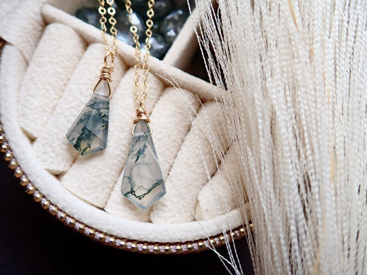 Moss Agate Pendant Necklace - 18 Gold Fill Kite Shaped Gemstone