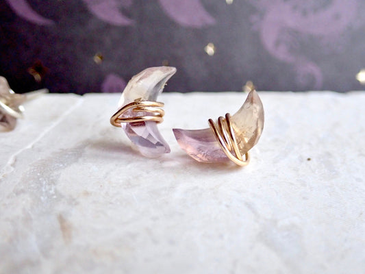 Ametrine Stud Earrings, Ametrine Jewelry, Crescent Moon Earrings,Wire Wrapped Gemstone, Celestial Jewelry,Crystal Posts,Minimal Gift for Her