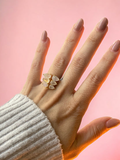 Open Moonstone Gemstone Ring Gold, Moonstone Jewelry, Gold Crystal Cocktail Ring, Adjustable Statement Ring for Women, June Birthstone Ring
