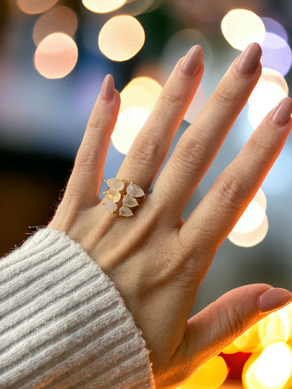 Open Moonstone Gemstone Ring Gold, Moonstone Jewelry, Gold Crystal Cocktail Ring, Adjustable Statement Ring for Women, June Birthstone Ring