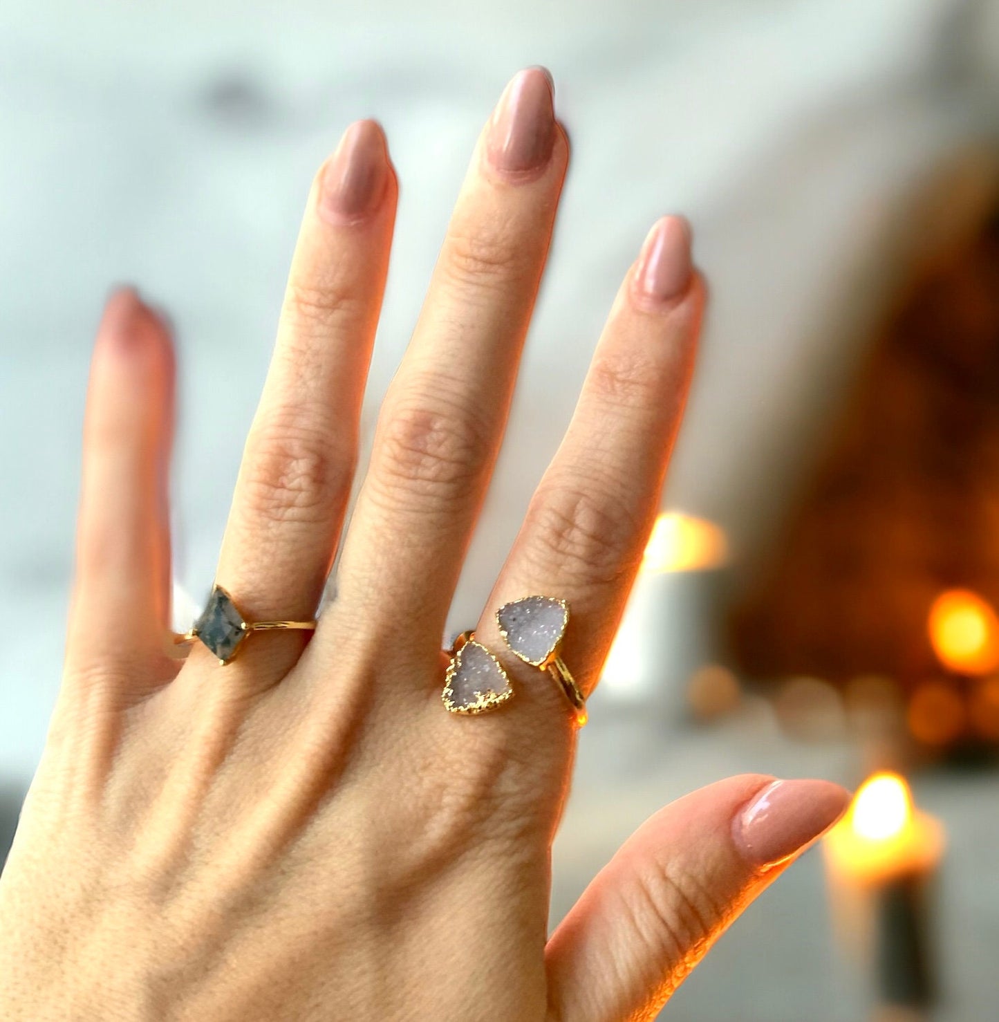 Gold Druzy Geometric Ring, Electroplated Quartz Statement Ring, Blue Purple Gemstone Wrap (Adjustable)